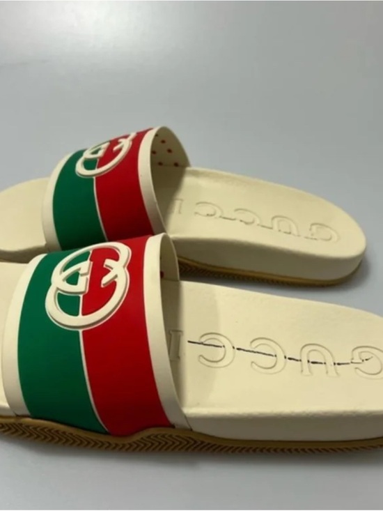 Saks Fifth Avenue White Slide with Red & Green Accent